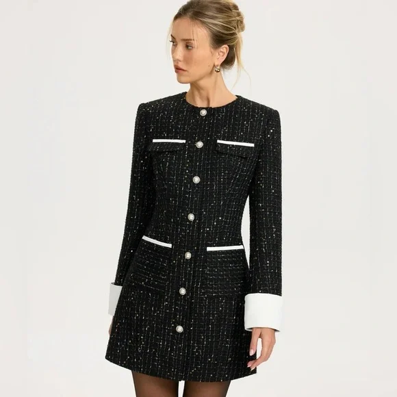 Chic Black Tweed Dress with White Accents & Gold Sequins I Commense ✨NWT✨ - Picture 1 of 9